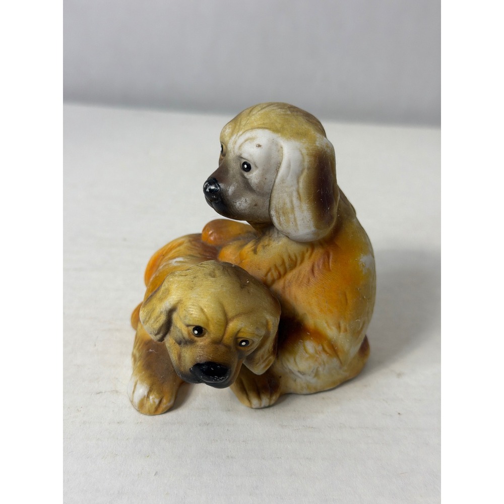 Vintage Porcelain Dog Figurine Two Puppies Golden Retriever Spaniel Gold Brown